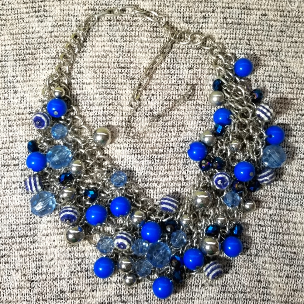 Crystal Cluster Statement Bib Necklace, Silver Tone Stainless Steel